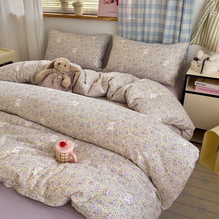 91家纺网 家纺一手货源 找家纺 曼之夏 2025新款全棉纯棉双层印花四件套 花丛兔