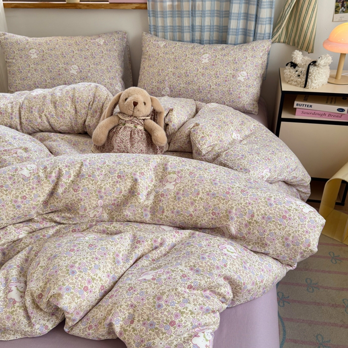 91家纺网 家纺一手货源 找家纺 曼之夏 2025新款全棉纯棉双层印花四件套 花丛兔