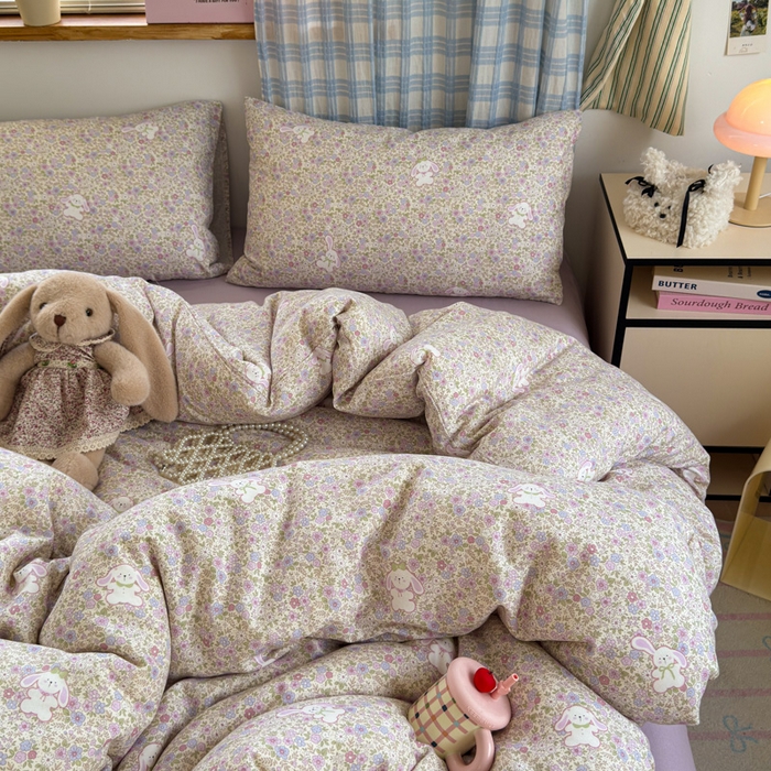 91家纺网 家纺一手货源 找家纺 曼之夏 2025新款全棉纯棉双层印花四件套 花丛兔