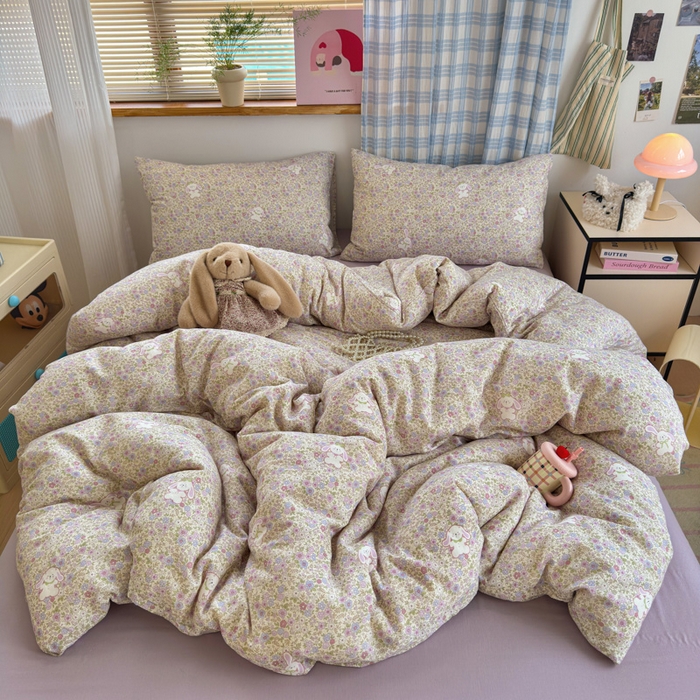 91家纺网 家纺一手货源 找家纺 曼之夏 2025新款全棉纯棉双层印花四件套 花丛兔