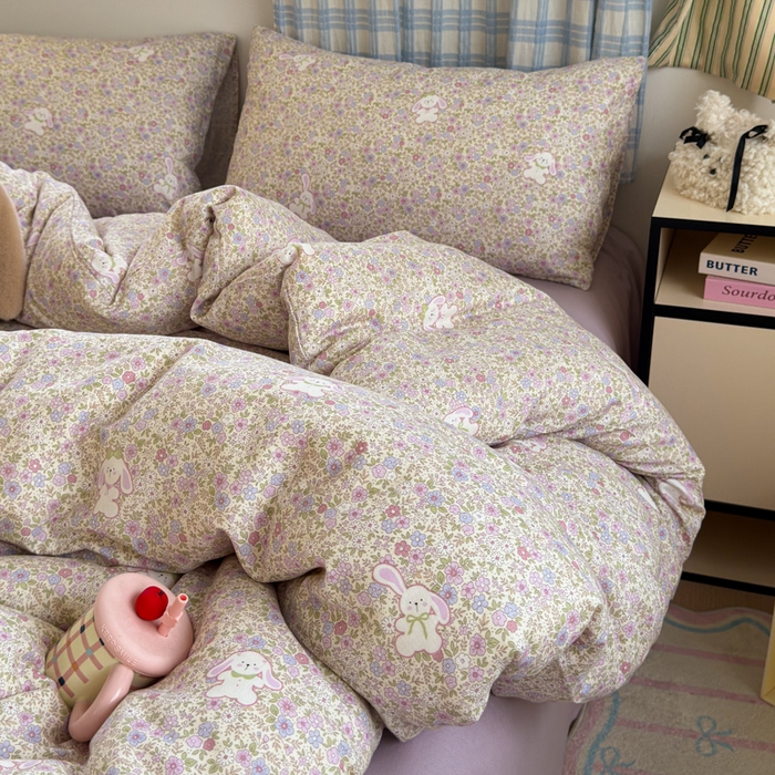 91家纺网 家纺一手货源 找家纺 曼之夏 2025新款全棉纯棉双层印花四件套 花丛兔