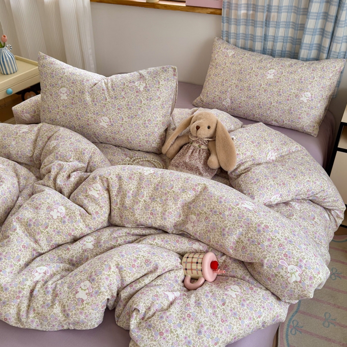 91家纺网 家纺一手货源 找家纺 曼之夏 2025新款全棉纯棉双层印花四件套 花丛兔