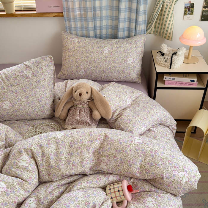 91家纺网 家纺一手货源 找家纺 曼之夏 2025新款全棉纯棉双层印花四件套 花丛兔