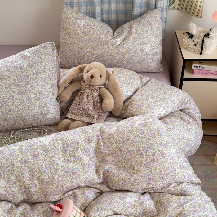 91家纺网 家纺一手货源 找家纺 曼之夏 2025新款全棉纯棉双层印花四件套 花丛兔