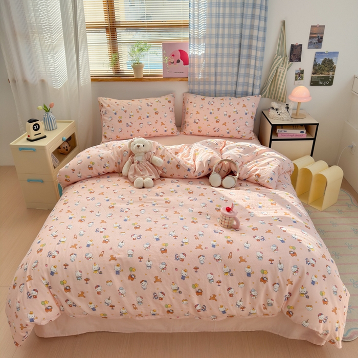 91家纺网 家纺一手货源 找家纺 曼之夏 2025新款全棉纯棉双层印花四件套 快乐凯蒂