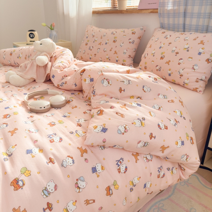 91家纺网 家纺一手货源 找家纺 曼之夏 2025新款全棉纯棉双层印花四件套 快乐凯蒂