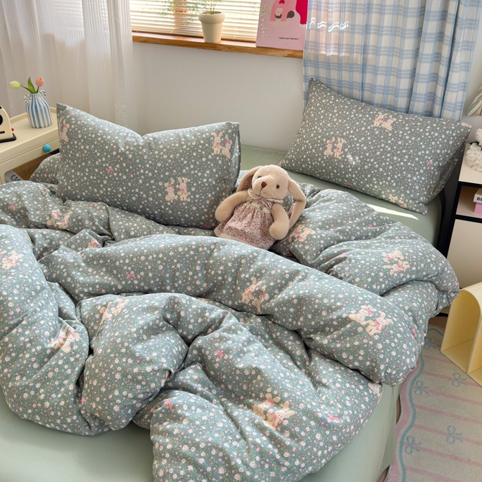 91家纺网 家纺一手货源 找家纺 曼之夏 2025新款全棉纯棉双层印花四件套 萌萌兔