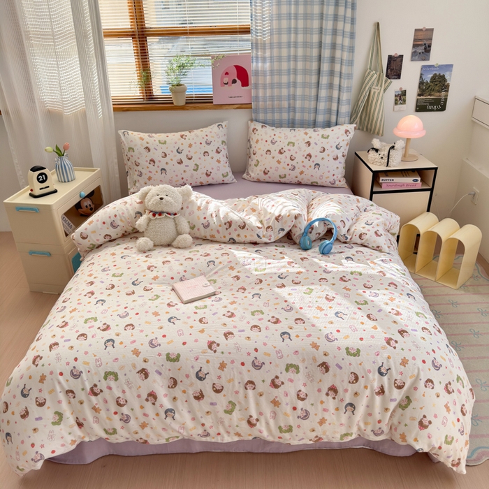 91家纺网 家纺一手货源 找家纺 曼之夏 2025新款全棉纯棉双层印花四件套 软萌女孩