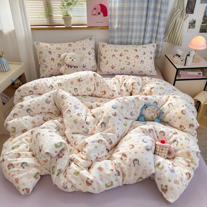 91家纺网 家纺一手货源 找家纺 曼之夏 2025新款全棉纯棉双层印花四件套 软萌女孩