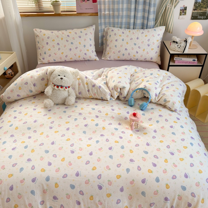 91家纺网 家纺一手货源 找家纺 曼之夏 2025新款全棉纯棉双层印花四件套 水果派对