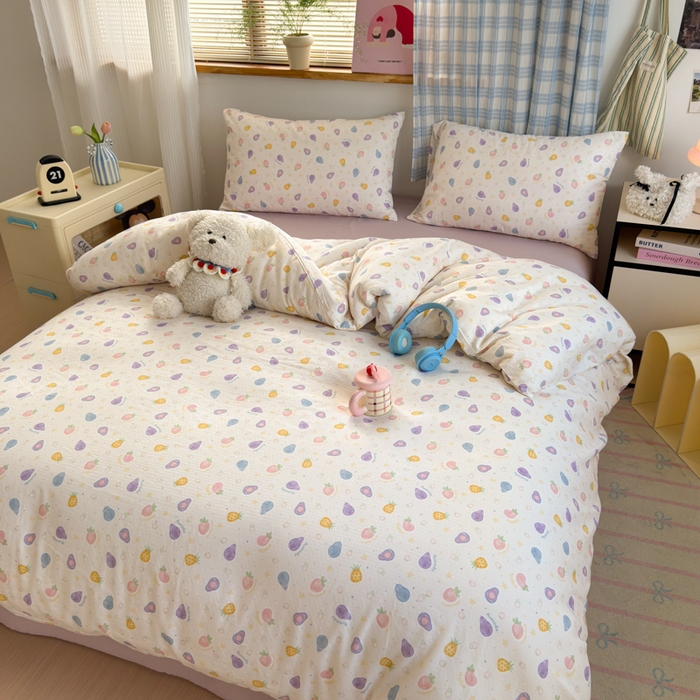 91家纺网 家纺一手货源 找家纺 曼之夏 2025新款全棉纯棉双层印花四件套 水果派对