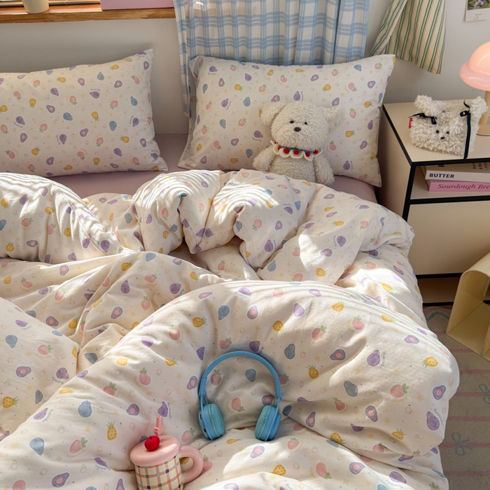 91家纺网 家纺一手货源 找家纺 曼之夏 2025新款全棉纯棉双层印花四件套 水果派对