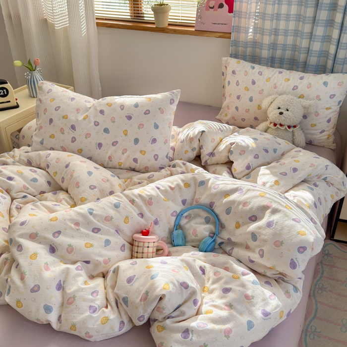 91家纺网 家纺一手货源 找家纺 曼之夏 2025新款全棉纯棉双层印花四件套 水果派对