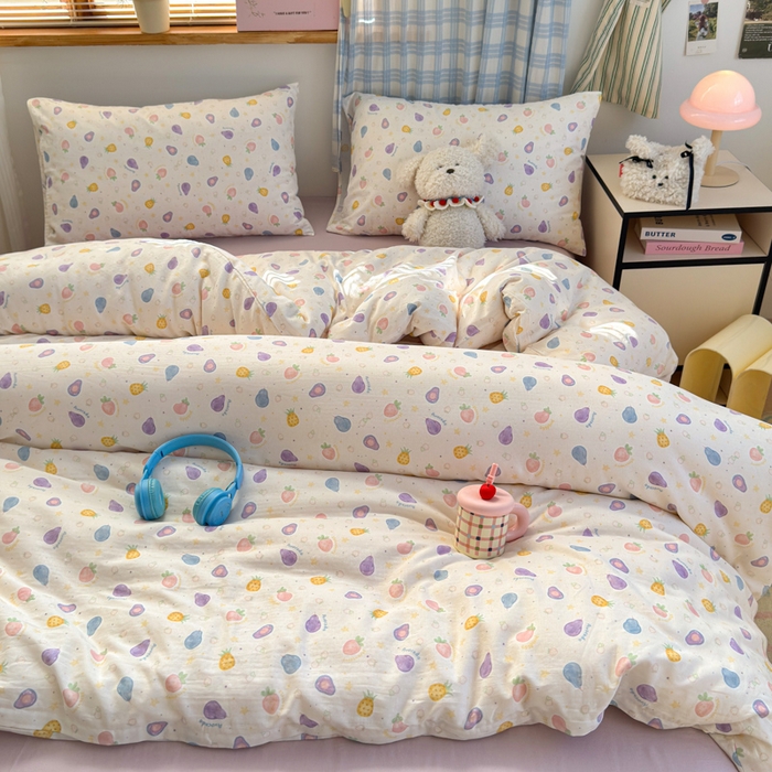 91家纺网 家纺一手货源 找家纺 曼之夏 2025新款全棉纯棉双层印花四件套 水果派对