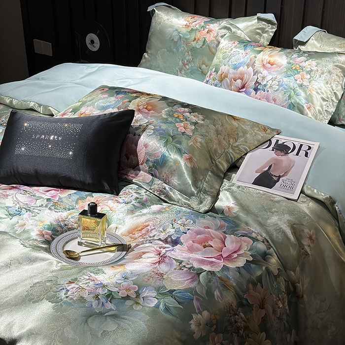 91家纺网 家纺一手货源 找家纺 七夜居 2025新款直播爆款欧式轻奢贡缎提花加数码印花磨毛提花四件套（价格咨询商家）繁花似锦