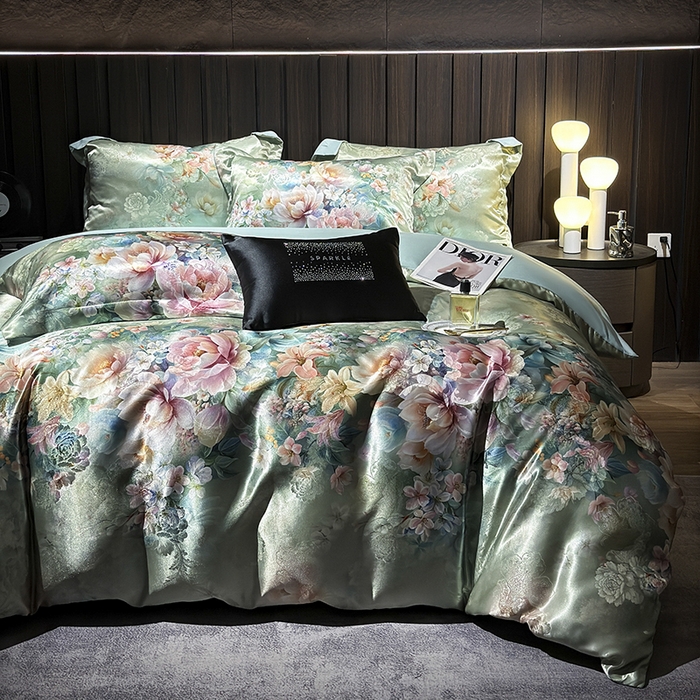 91家纺网 家纺一手货源 找家纺 七夜居 2025新款直播爆款欧式轻奢贡缎提花加数码印花磨毛提花四件套（价格咨询商家）繁花似锦