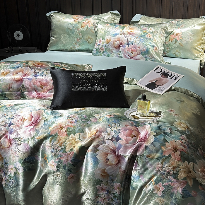 91家纺网 家纺一手货源 找家纺 七夜居 2025新款直播爆款欧式轻奢贡缎提花加数码印花磨毛提花四件套（价格咨询商家）繁花似锦