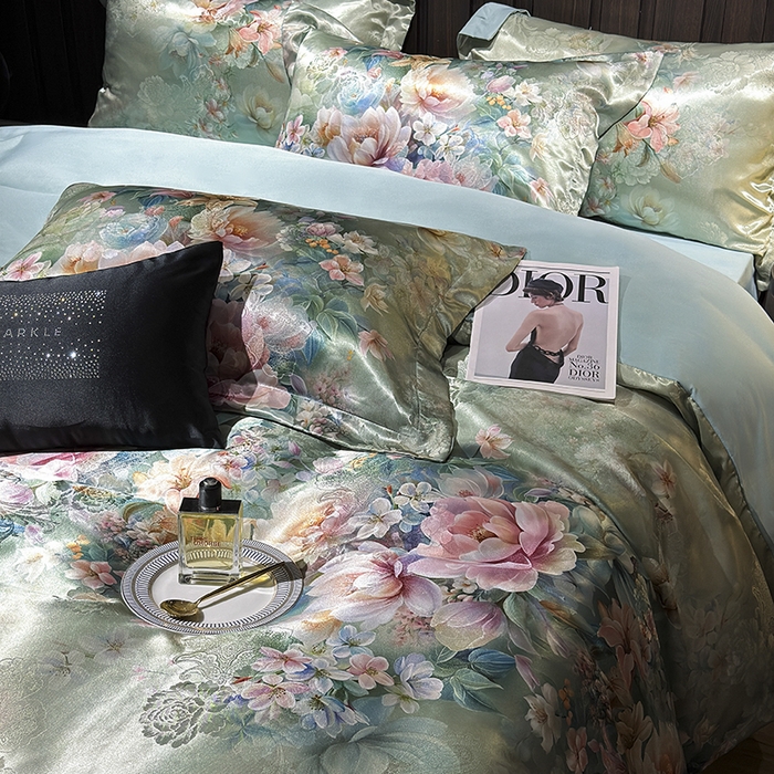 91家纺网 家纺一手货源 找家纺 七夜居 2025新款直播爆款欧式轻奢贡缎提花加数码印花磨毛提花四件套（价格咨询商家）繁花似锦