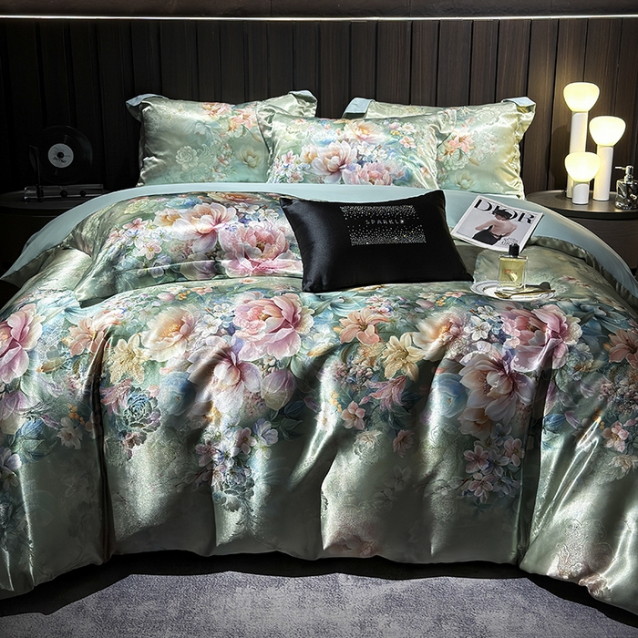 91家纺网 家纺一手货源 找家纺 七夜居 2025新款直播爆款欧式轻奢贡缎提花加数码印花磨毛提花四件套（价格咨询商家）繁花似锦