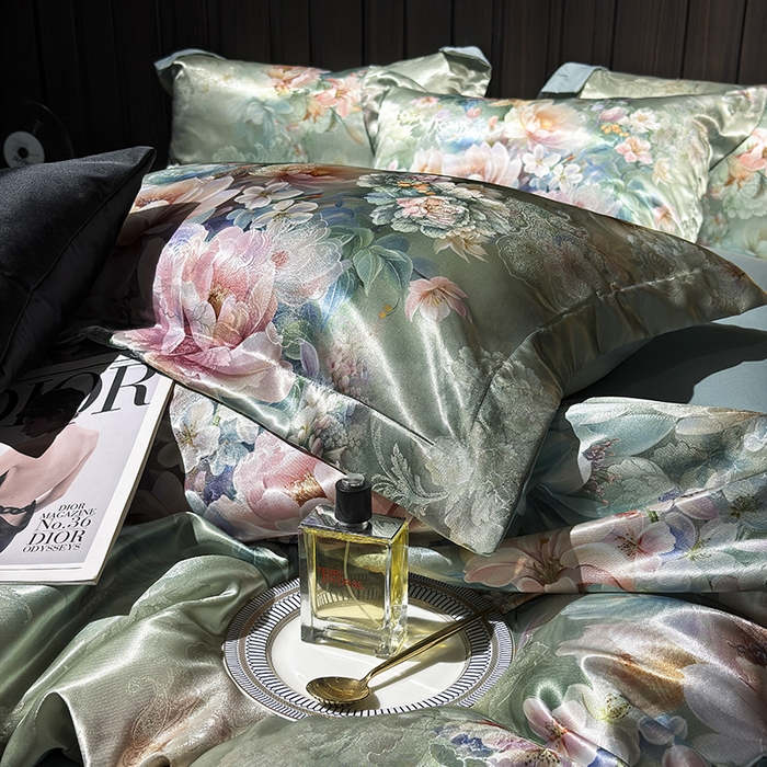 91家纺网 家纺一手货源 找家纺 七夜居 2025新款直播爆款欧式轻奢贡缎提花加数码印花磨毛提花四件套（价格咨询商家）繁花似锦