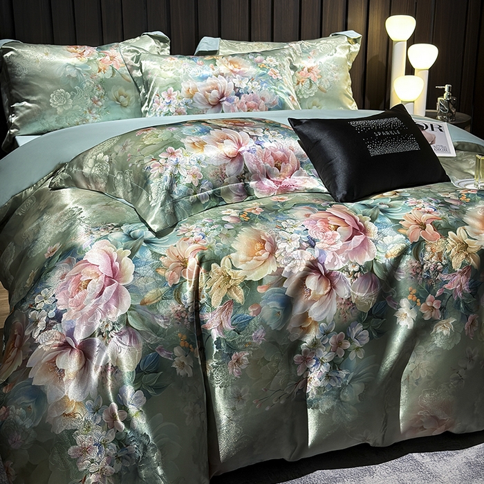 91家纺网 家纺一手货源 找家纺 七夜居 2025新款直播爆款欧式轻奢贡缎提花加数码印花磨毛提花四件套（价格咨询商家）繁花似锦