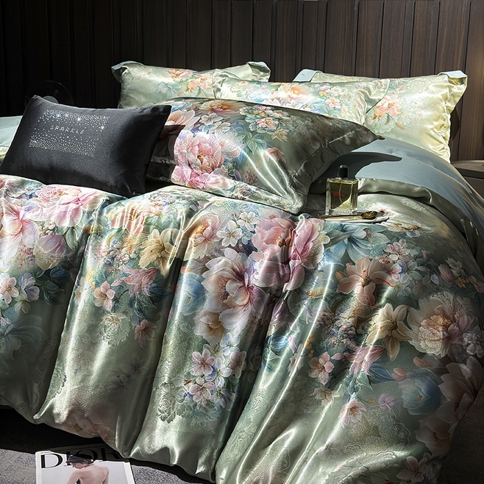 91家纺网 家纺一手货源 找家纺 七夜居 2025新款直播爆款欧式轻奢贡缎提花加数码印花磨毛提花四件套（价格咨询商家）繁花似锦