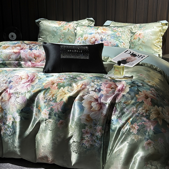 91家纺网 家纺一手货源 找家纺 七夜居 2025新款直播爆款欧式轻奢贡缎提花加数码印花磨毛提花四件套（价格咨询商家）繁花似锦