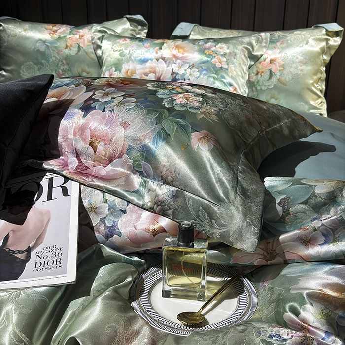 91家纺网 家纺一手货源 找家纺 七夜居 2025新款直播爆款欧式轻奢贡缎提花加数码印花磨毛提花四件套（价格咨询商家）繁花似锦