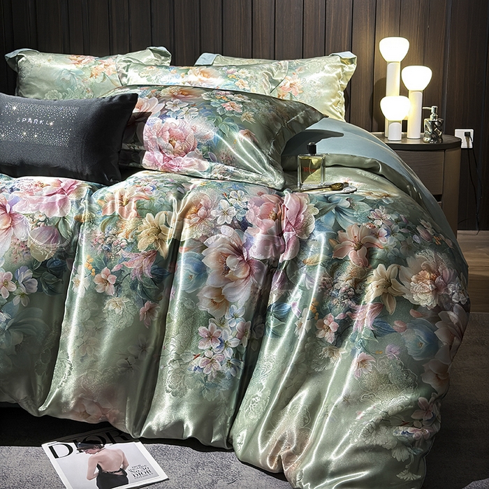 91家纺网 家纺一手货源 找家纺 七夜居 2025新款直播爆款欧式轻奢贡缎提花加数码印花磨毛提花四件套（价格咨询商家）繁花似锦