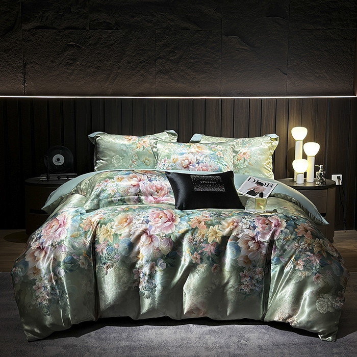 91家纺网 家纺一手货源 找家纺 七夜居 2025新款直播爆款欧式轻奢贡缎提花加数码印花磨毛提花四件套（价格咨询商家）繁花似锦