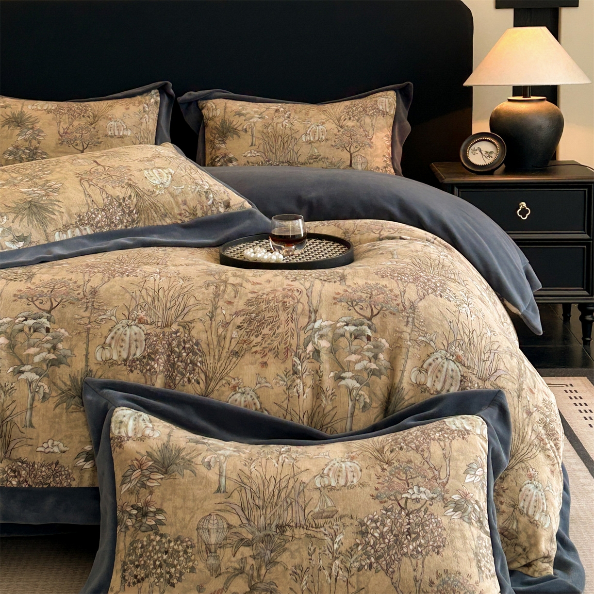 91家纺网 家纺一手货源 找家纺 眷恋家纺 2025新款加厚牛奶绒法式数码印花宽边四件套 菲尔德