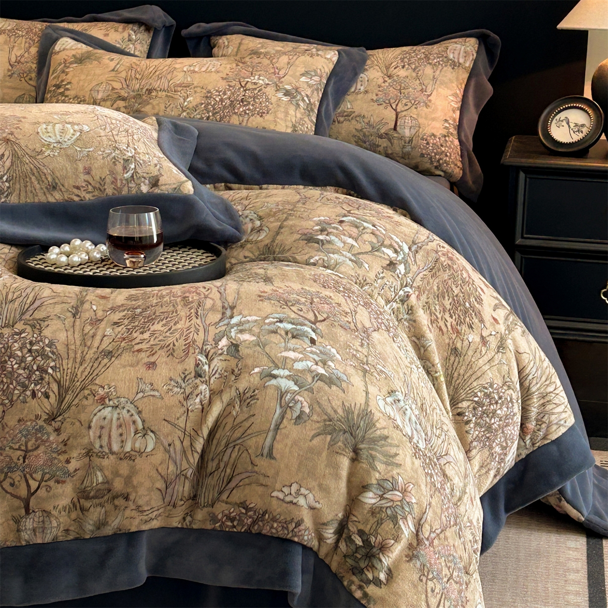 91家纺网 家纺一手货源 找家纺 眷恋家纺 2025新款加厚牛奶绒法式数码印花宽边四件套 菲尔德