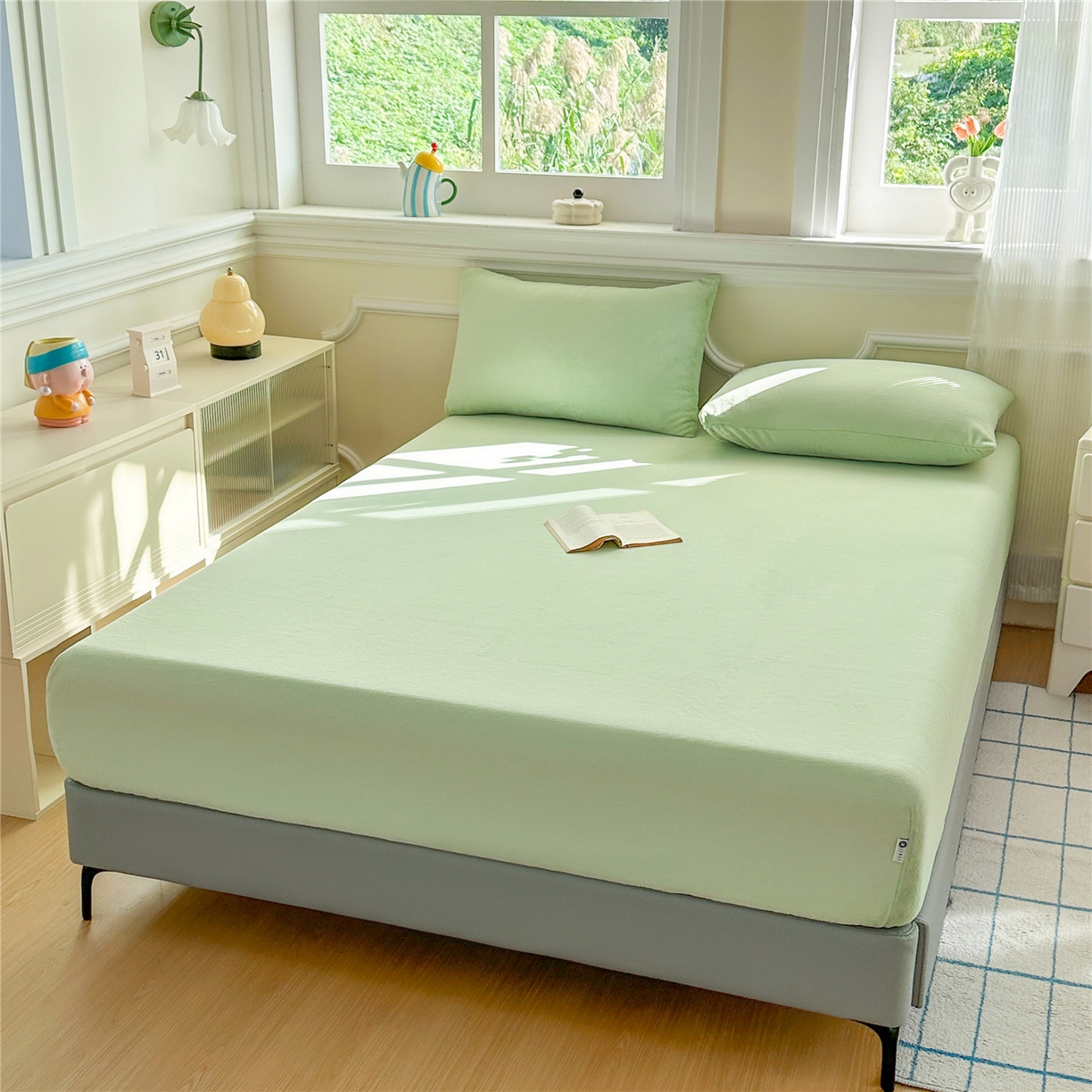 91家纺网 家纺一手货源 找家纺 沐纯家居 2025新款250g全消光牛奶绒单床笠 果绿