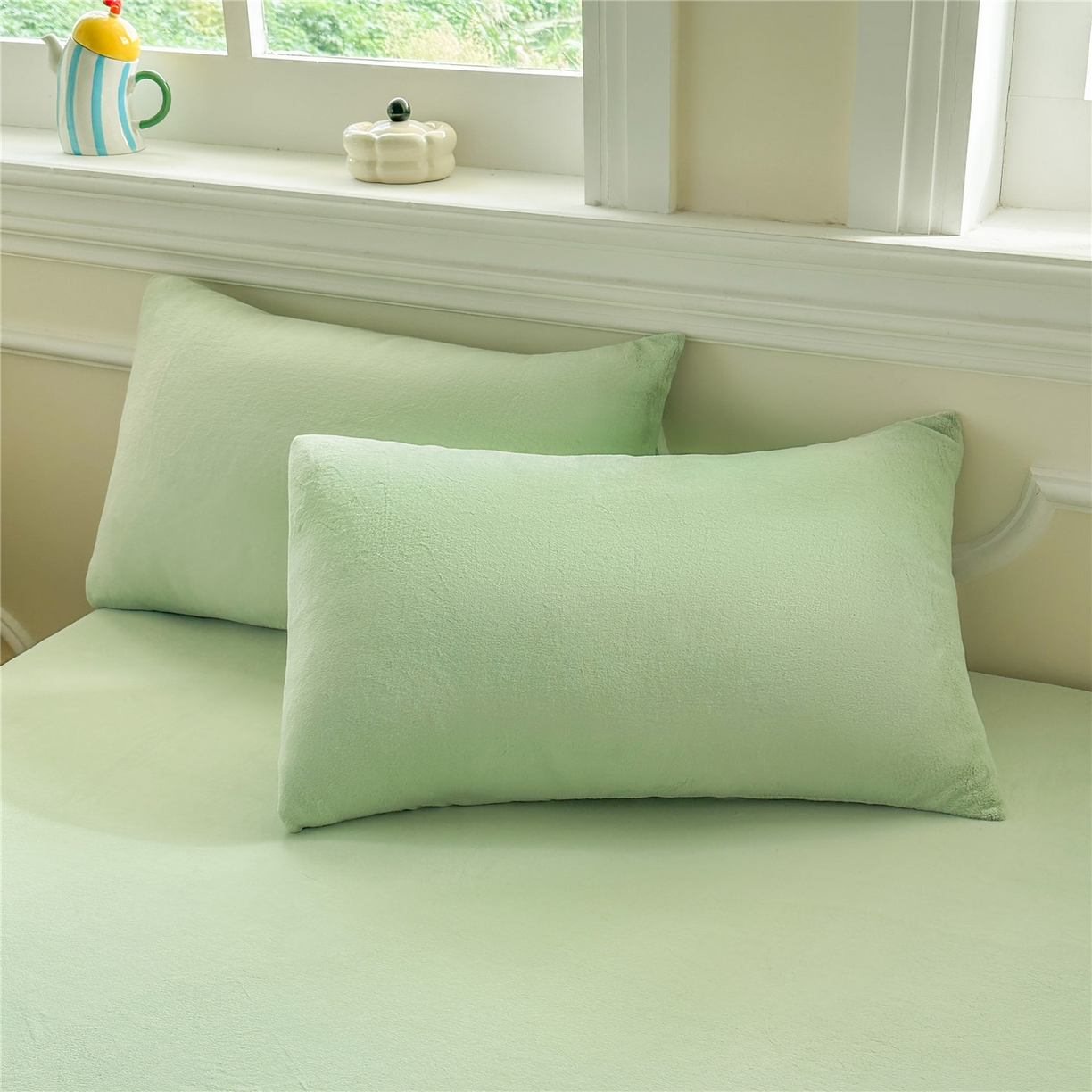 91家纺网 家纺一手货源 找家纺 沐纯家居 2025新款250g全消光牛奶绒单床笠 果绿