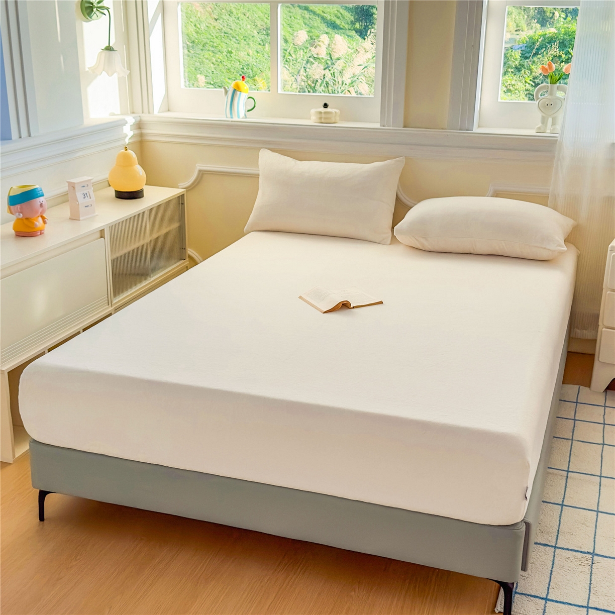 91家纺网 家纺一手货源 找家纺 沐纯家居 2025新款250g全消光牛奶绒单床笠 奶昔白