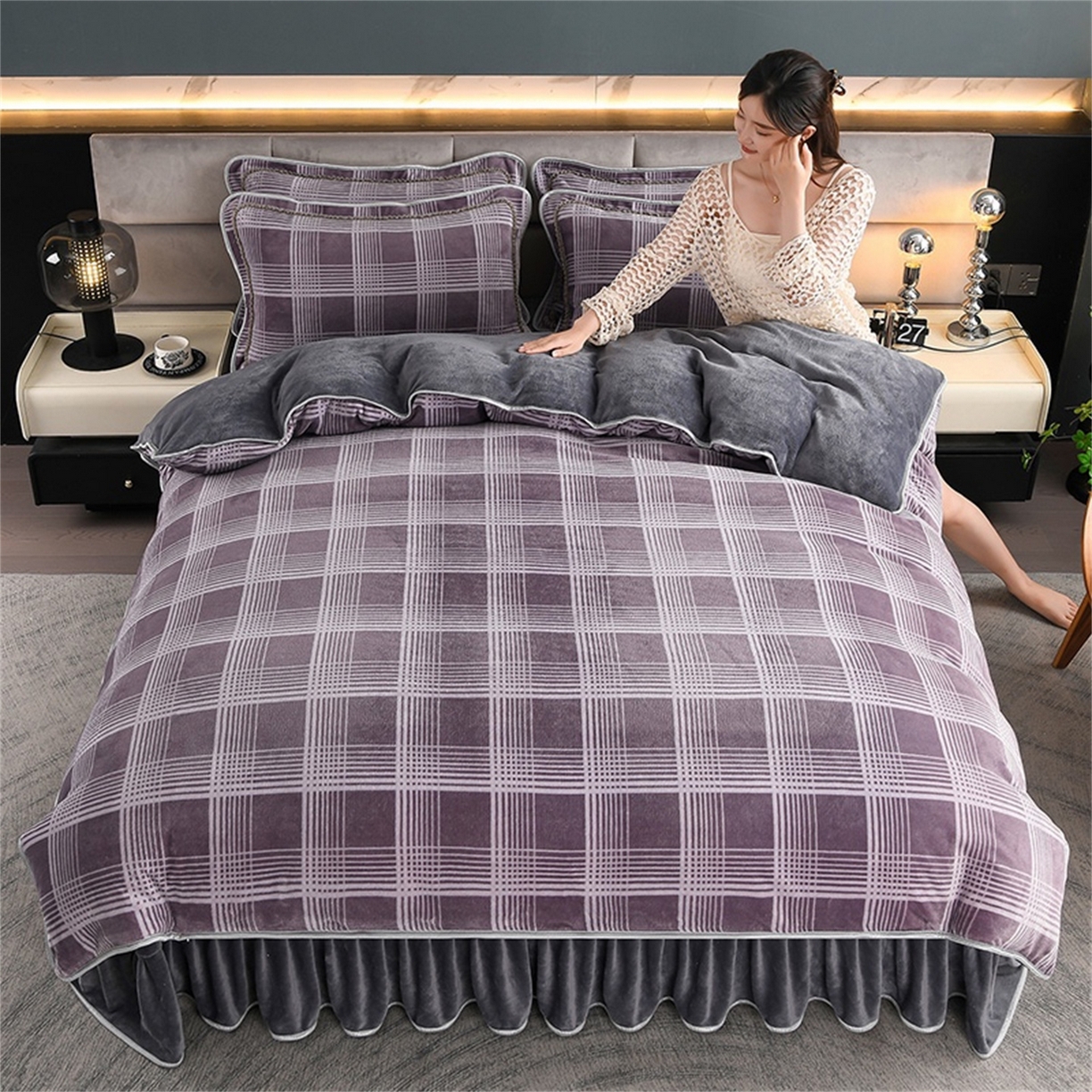 91家纺网 家纺一手货源 找家纺 （总）  玖琳家纺  2025新款220g保暖舒适牛奶绒床裙四件套