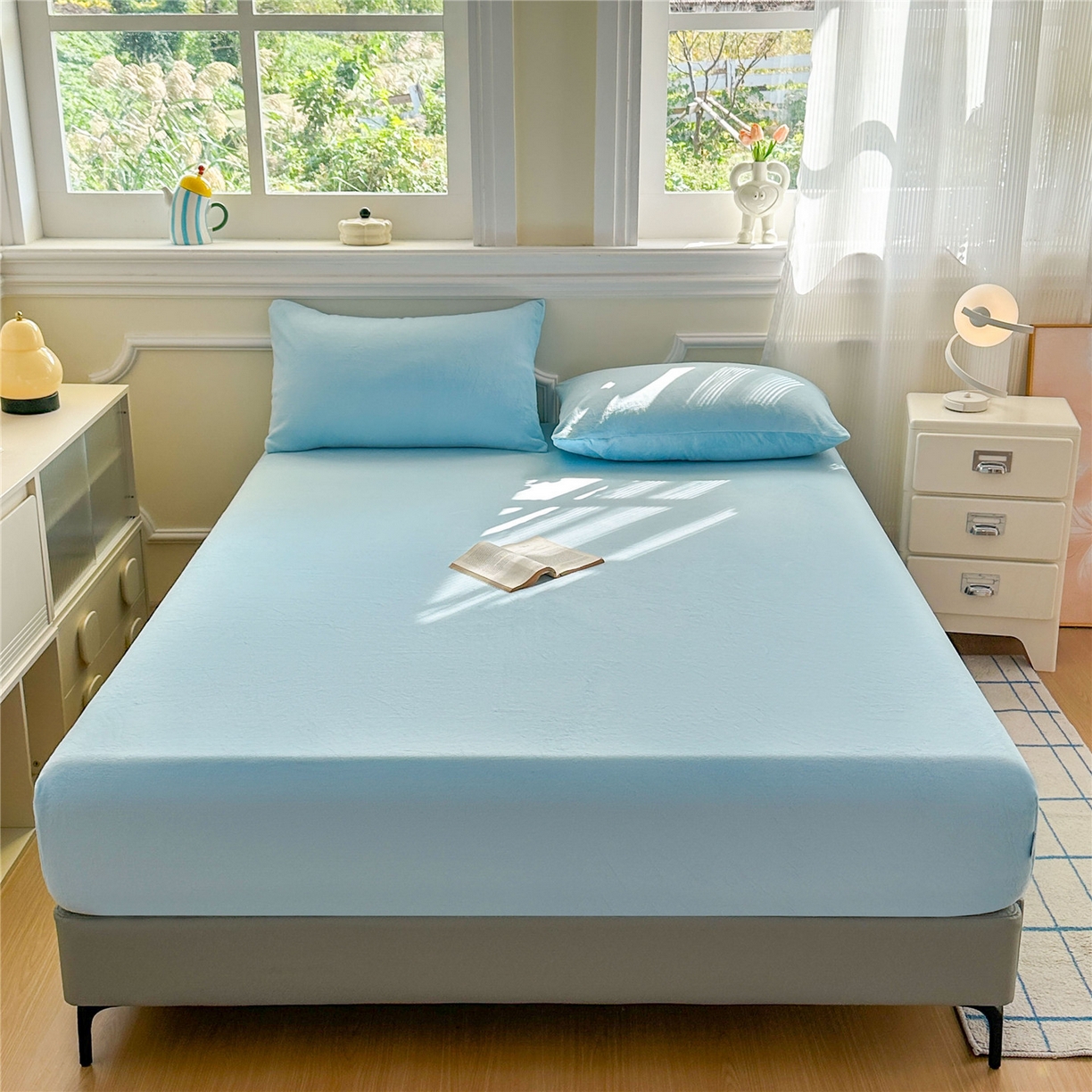 91家纺网 家纺一手货源 找家纺 沐纯家居 2025新款250g全消光牛奶绒单床笠 婴儿蓝