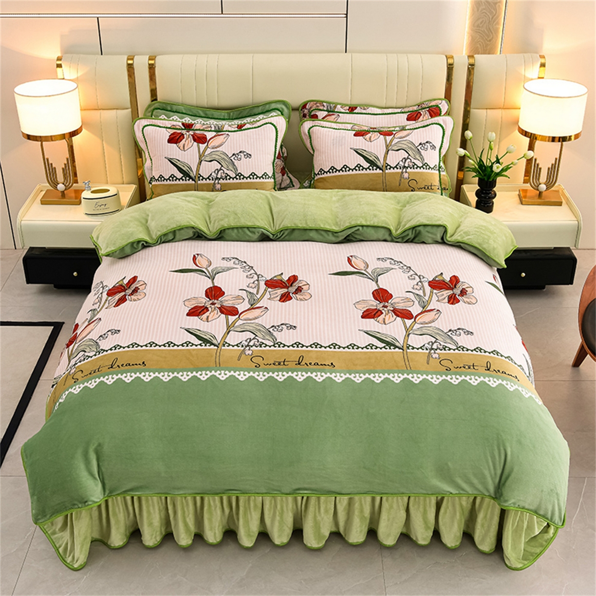 91家纺网 家纺一手货源 找家纺   玖琳家纺  2025新款220g保暖舒适牛奶绒床裙四件套 暗香