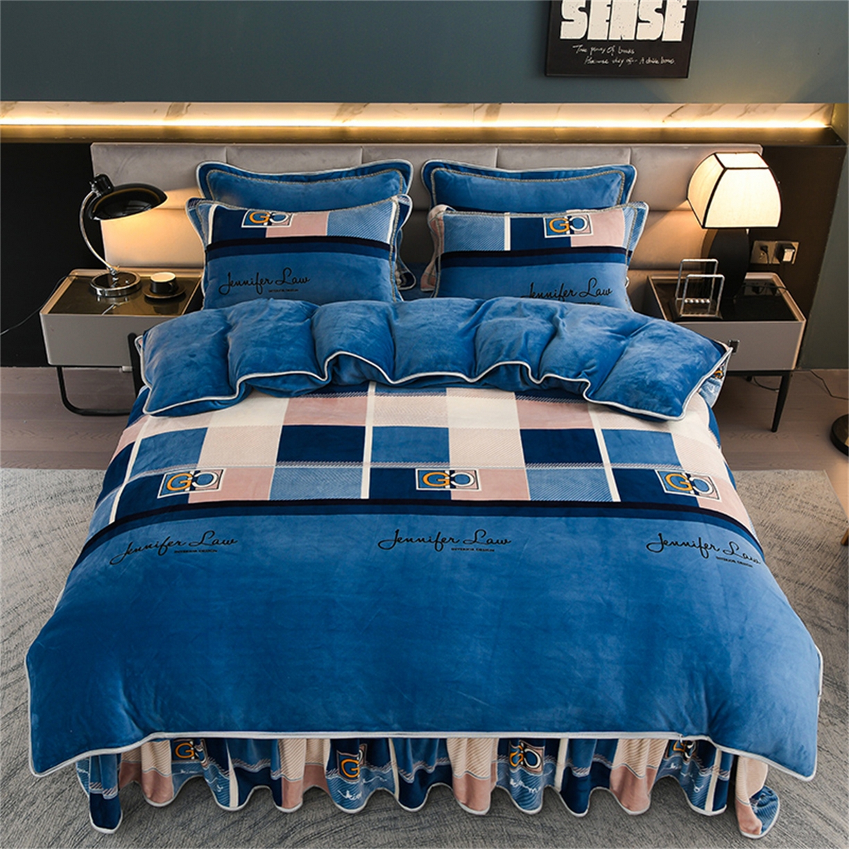 91家纺网 家纺一手货源 找家纺   玖琳家纺  2025新款220g保暖舒适牛奶绒床裙四件套 格调-蓝