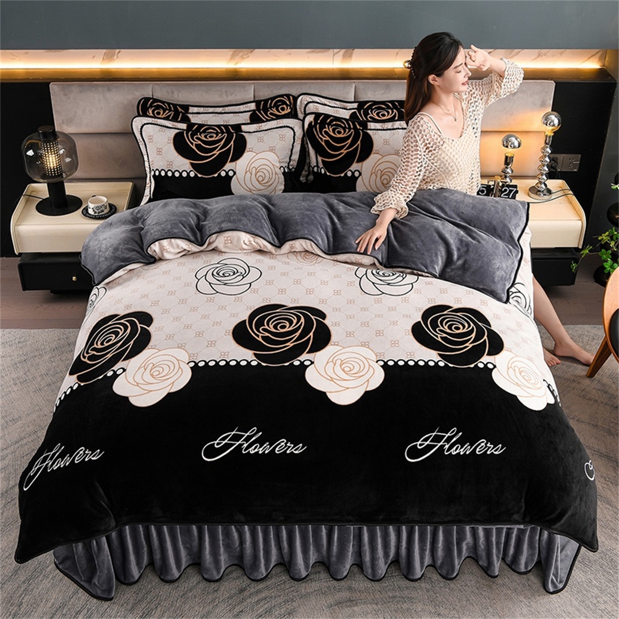 91家纺网 家纺一手货源 找家纺   玖琳家纺  2025新款220g保暖舒适牛奶绒床裙四件套 十里格桑