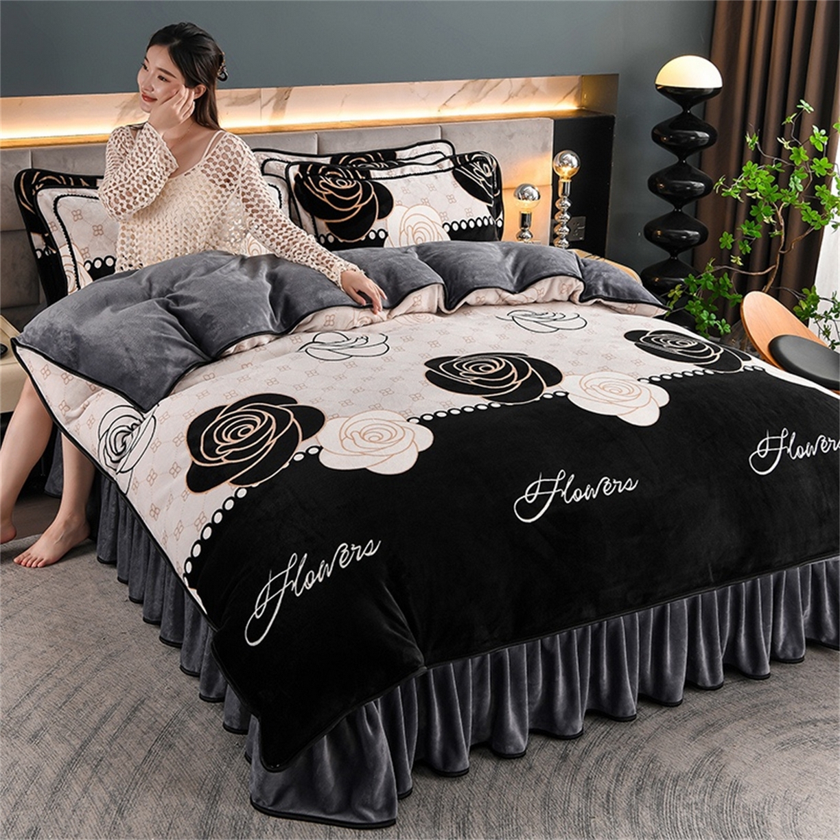 91家纺网 家纺一手货源 找家纺   玖琳家纺  2025新款220g保暖舒适牛奶绒床裙四件套 十里格桑