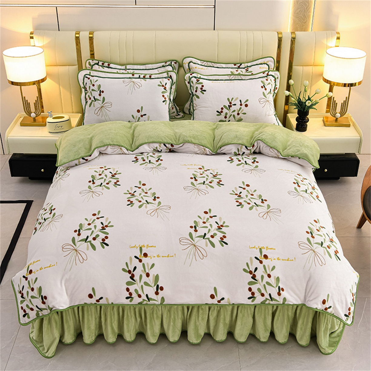 91家纺网 家纺一手货源 找家纺   玖琳家纺  2025新款220g保暖舒适牛奶绒床裙四件套 硕果累累