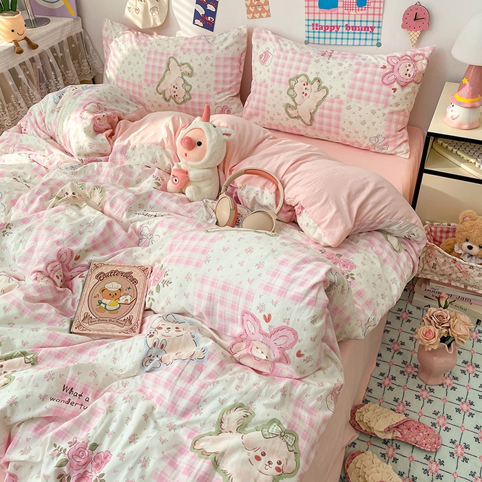 91家纺网 家纺一手货源 找家纺 （总）梦卓家纺 2025新款超柔水洗棉印花双层纱卡通小清新四件套