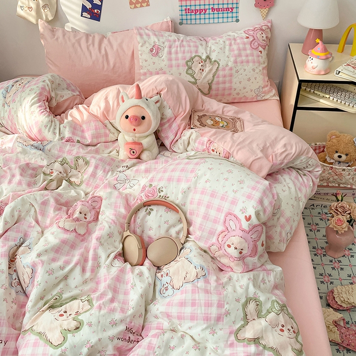 91家纺网 家纺一手货源 找家纺 （总）梦卓家纺 2025新款超柔水洗棉印花双层纱卡通小清新四件套