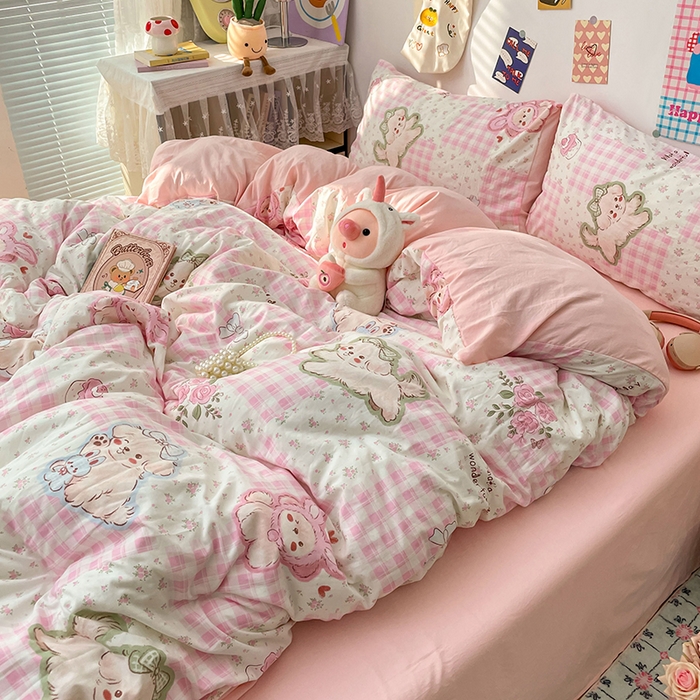 91家纺网 家纺一手货源 找家纺 （总）梦卓家纺 2025新款超柔水洗棉印花双层纱卡通小清新四件套