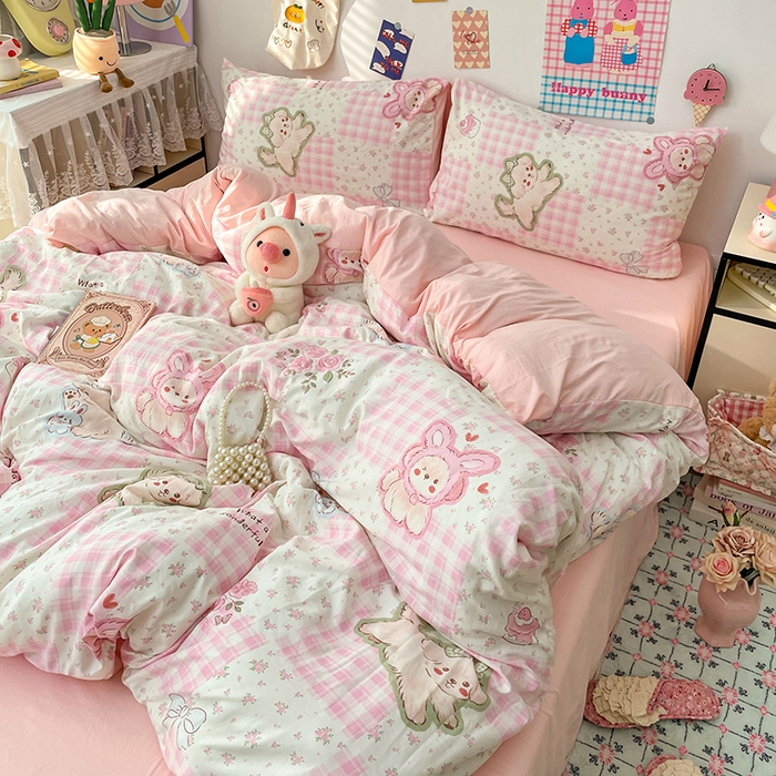 91家纺网 家纺一手货源 找家纺 （总）梦卓家纺 2025新款超柔水洗棉印花双层纱卡通小清新四件套