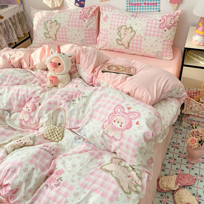 91家纺网 家纺一手货源 找家纺 （总）梦卓家纺 2025新款超柔水洗棉印花双层纱卡通小清新四件套