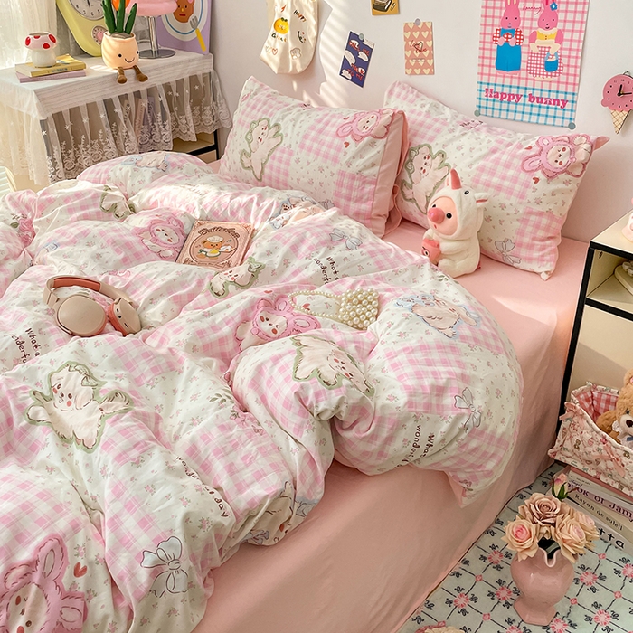 91家纺网 家纺一手货源 找家纺 （总）梦卓家纺 2025新款超柔水洗棉印花双层纱卡通小清新四件套