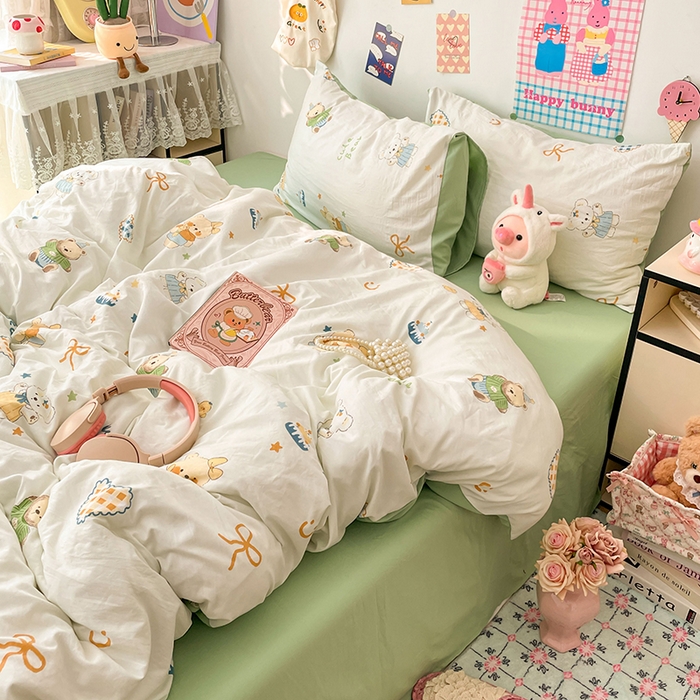 91家纺网 家纺一手货源 找家纺 （总）梦卓家纺 2025新款超柔水洗棉印花双层纱卡通小清新四件套