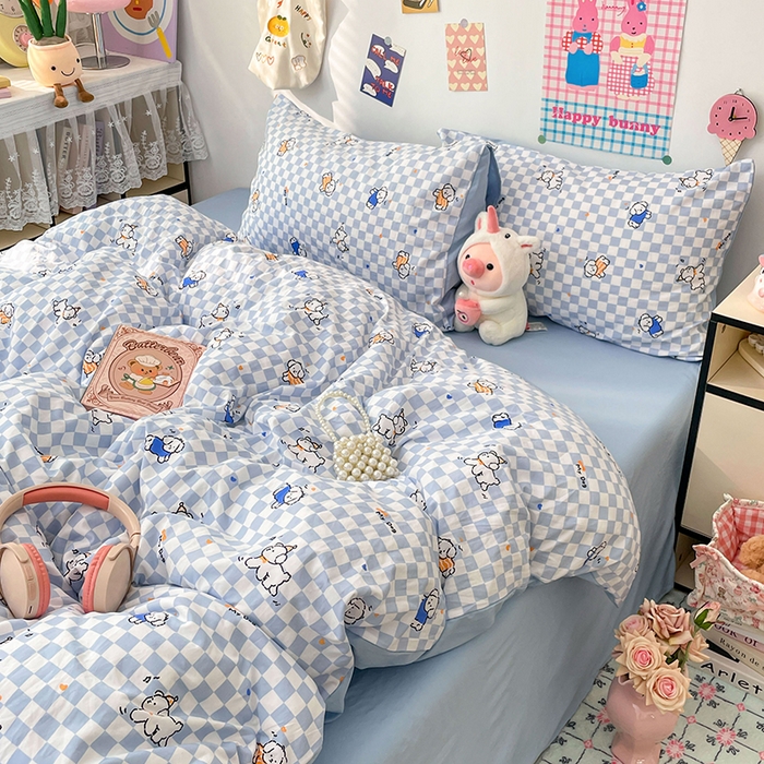 91家纺网 家纺一手货源 找家纺 （总）梦卓家纺 2025新款超柔水洗棉印花双层纱卡通小清新四件套